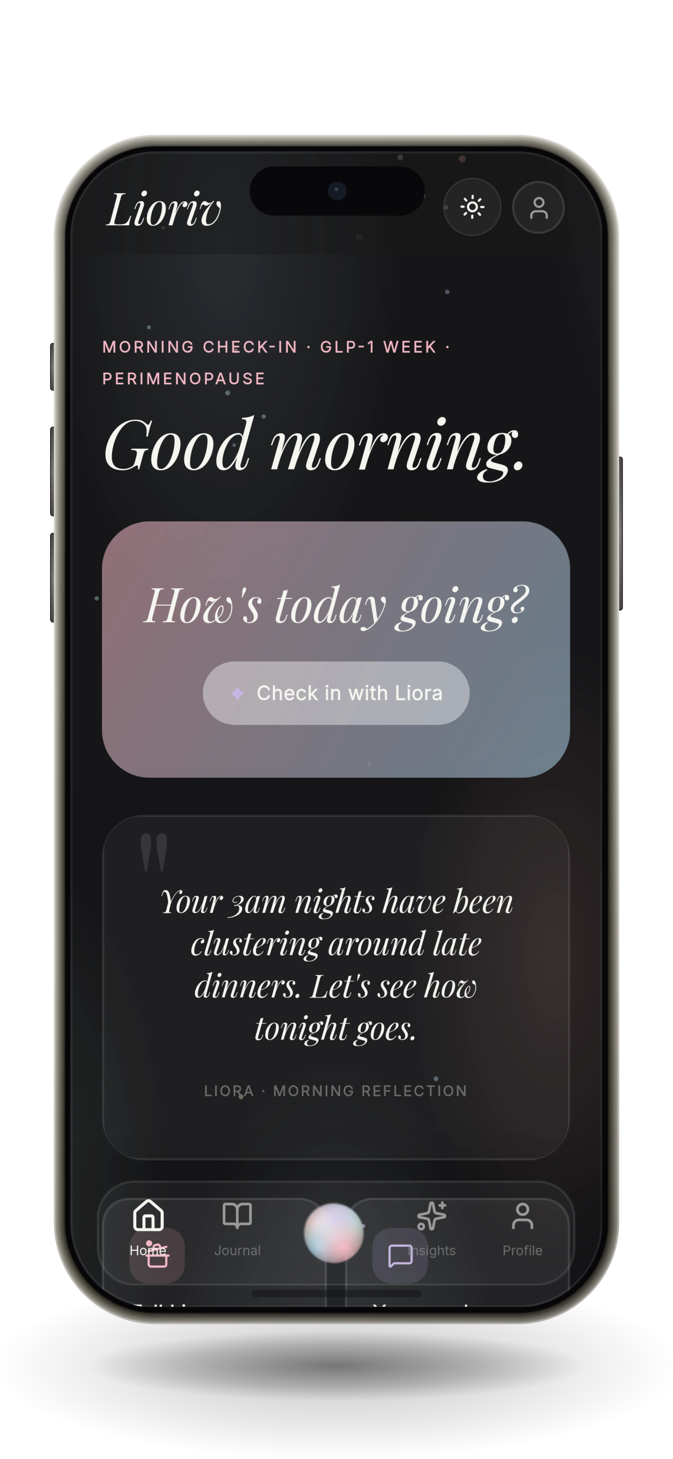 Lioriv home screen (dark mode)