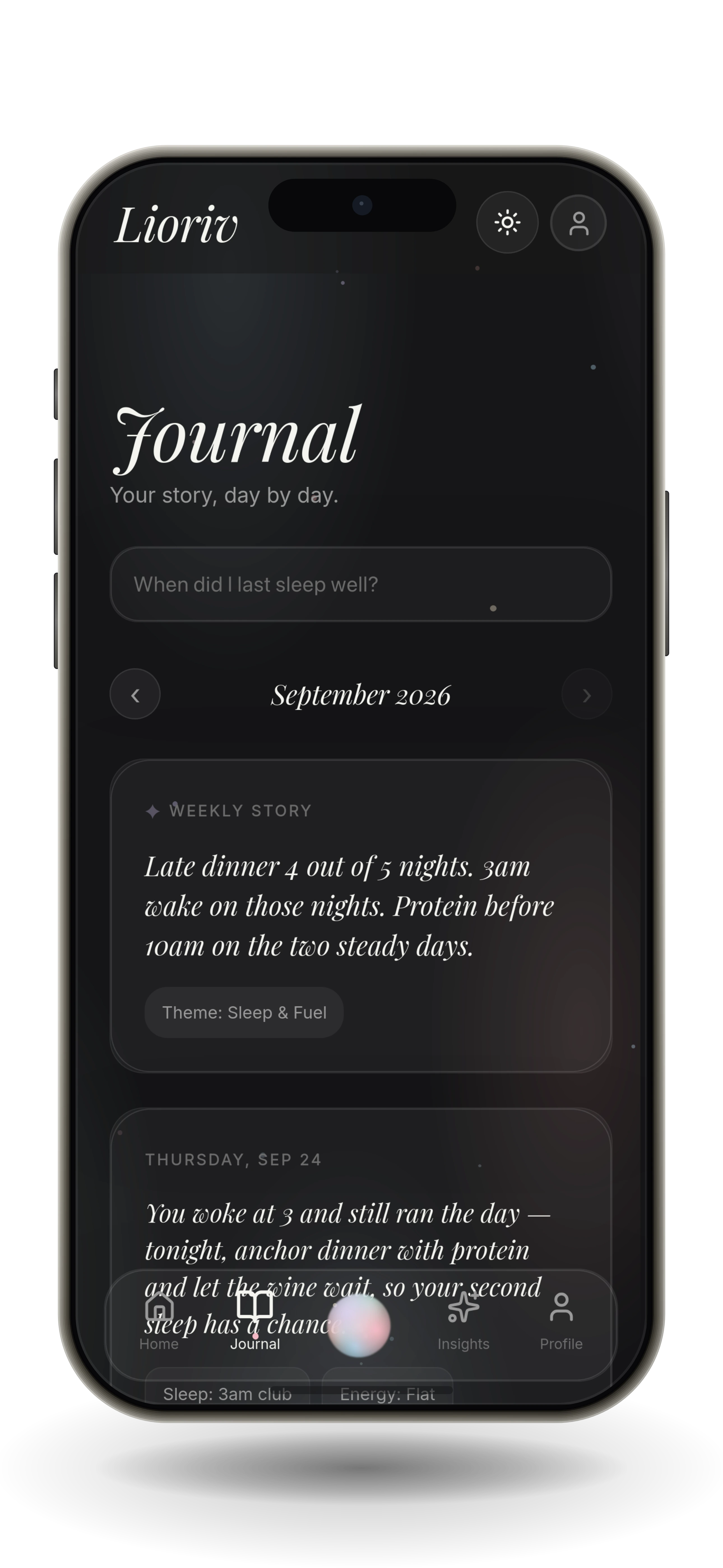Lioriv journal showing a meal with natural language description