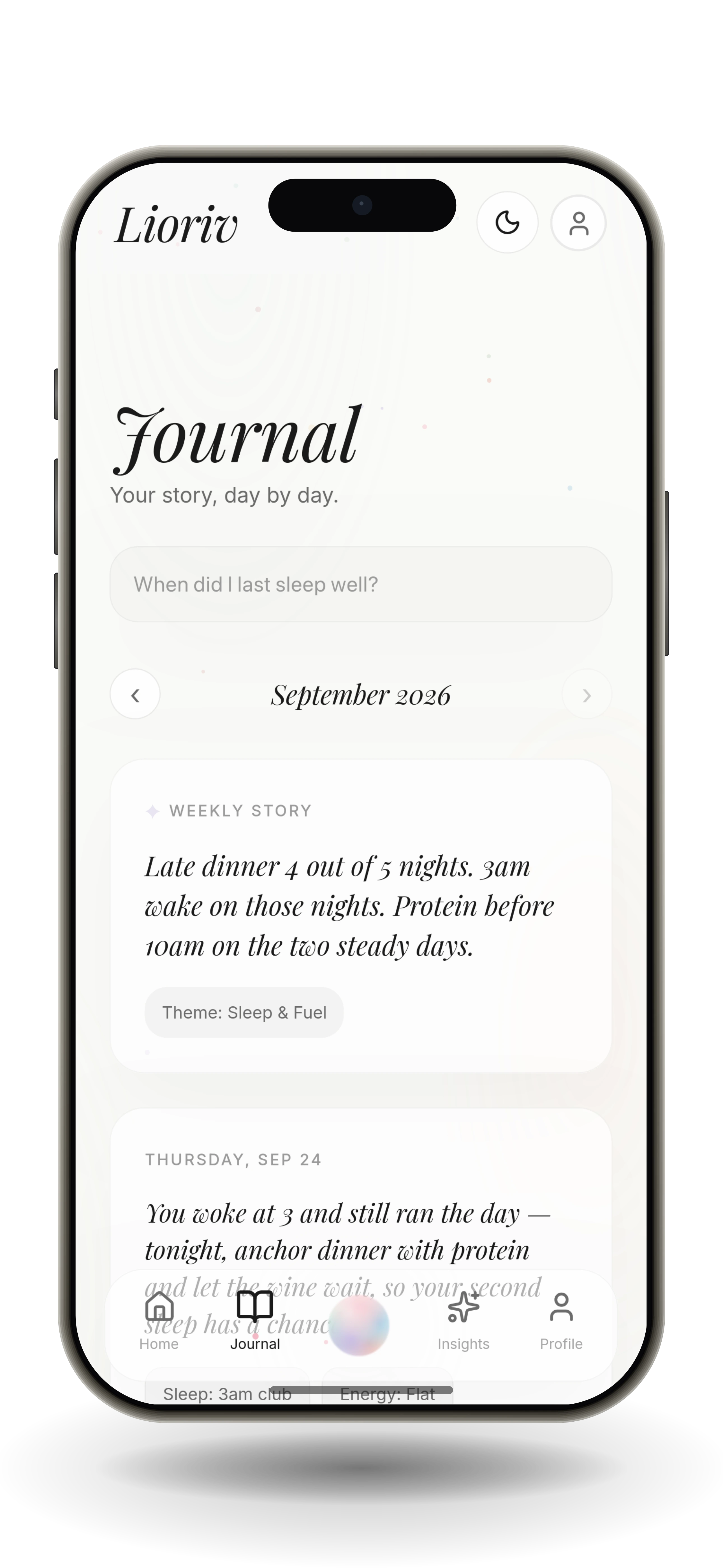 Lioriv journal showing a meal with natural language description