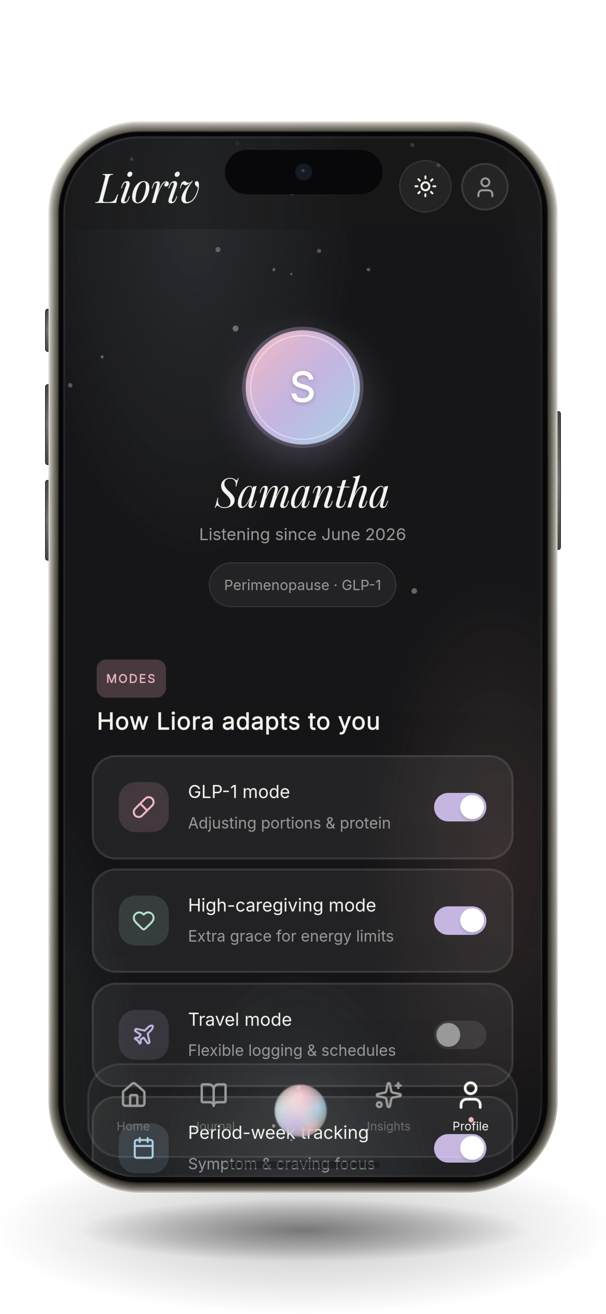 Lioriv profile showing how the app adapts nutrition guidance to different needs and routines