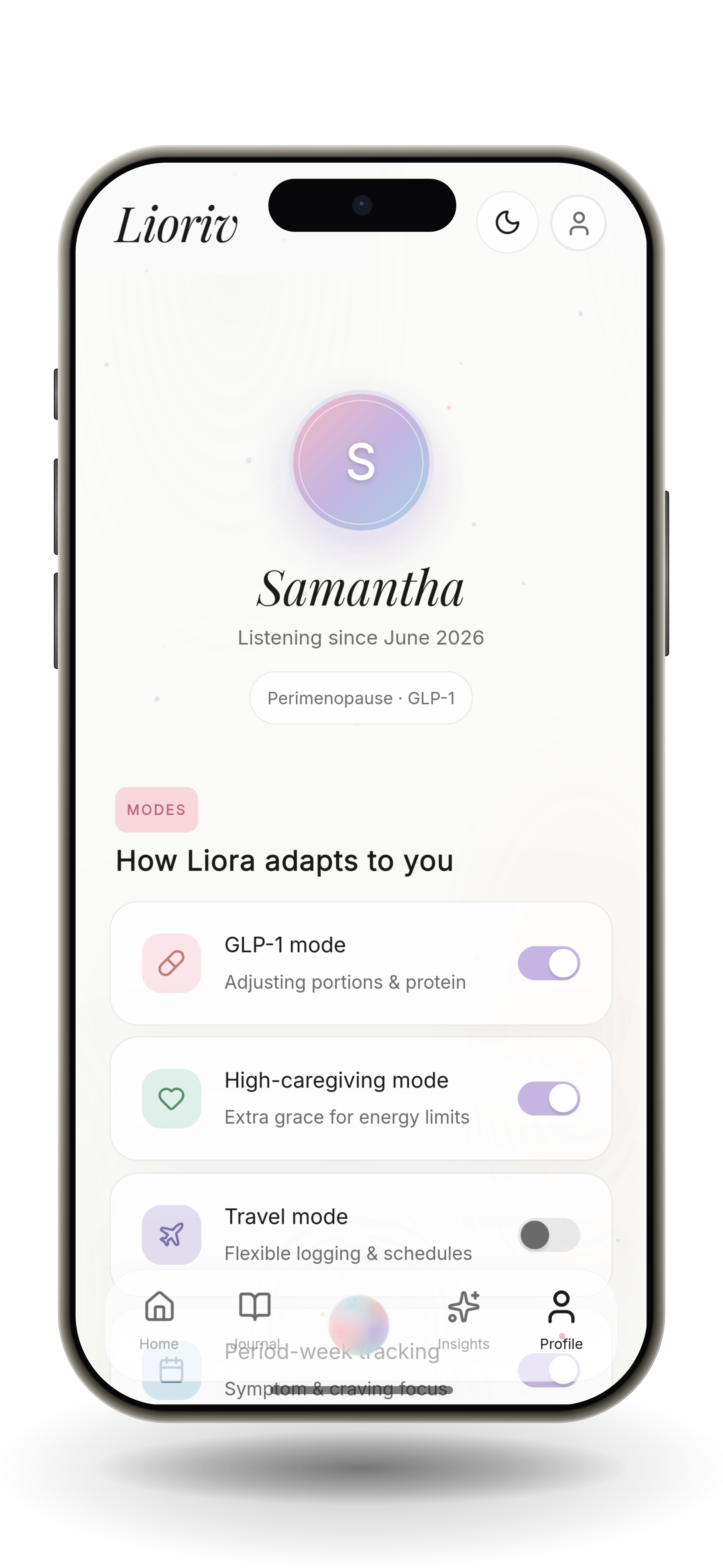 Lioriv profile showing how the app adapts nutrition guidance to different needs and routines